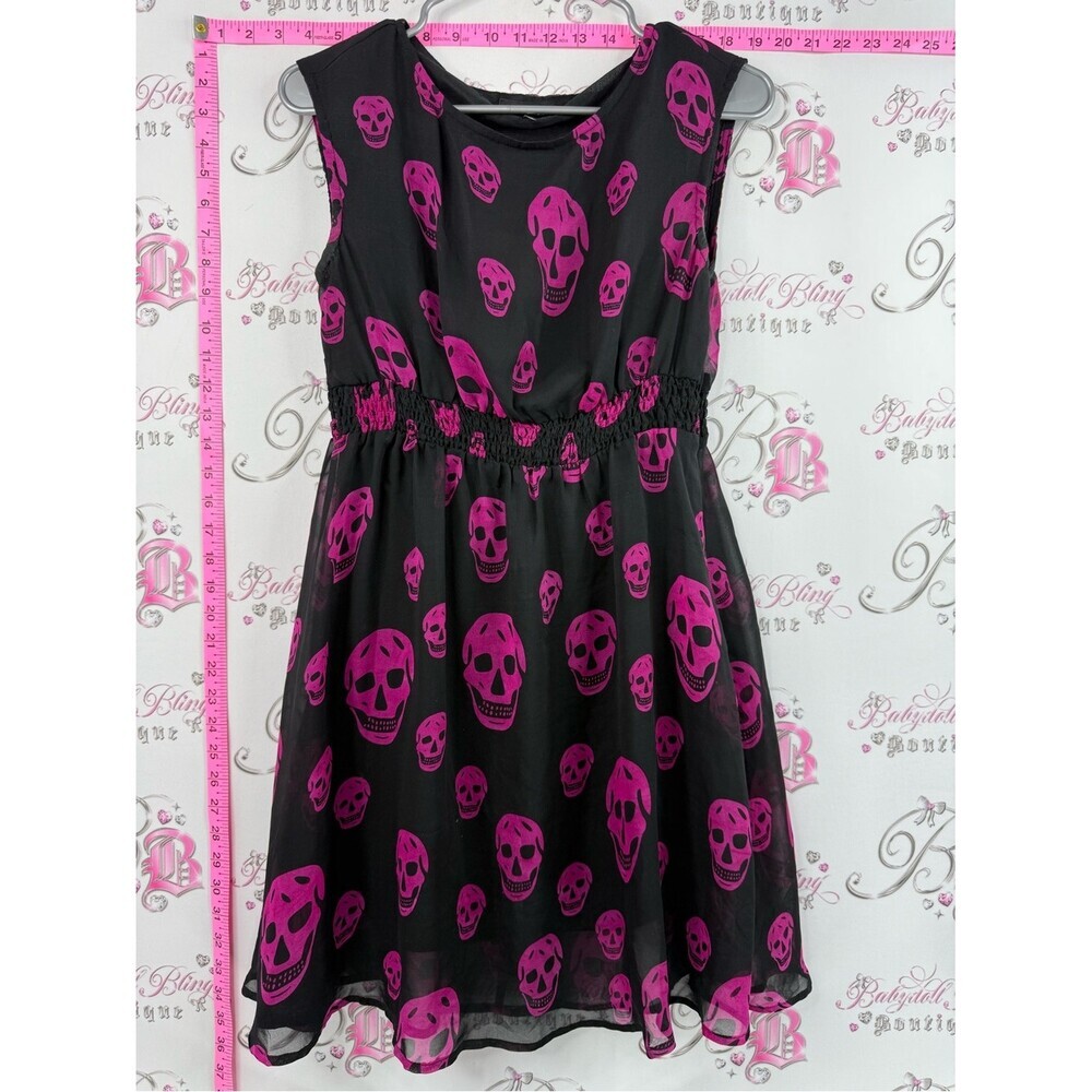 Sourpuss dress skulls printed Black Dress with Fuchsia pink purple Skull Print